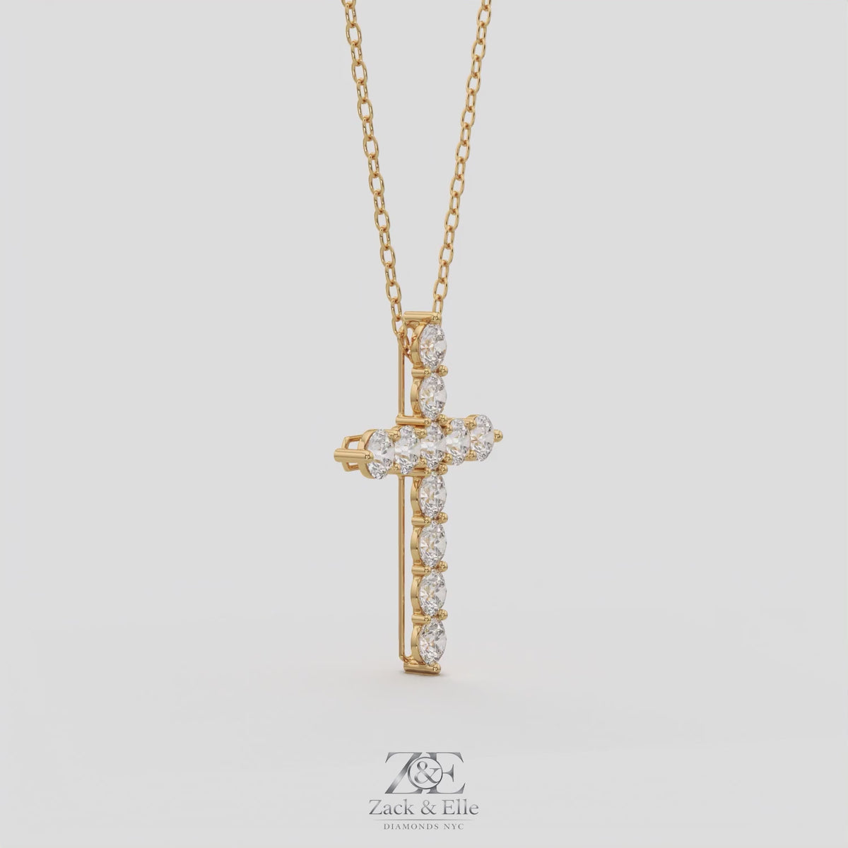 11.00 Ct D VS1 Round Lab-Grown Diamond Cross Pendant, in yellow gold, 360 spin