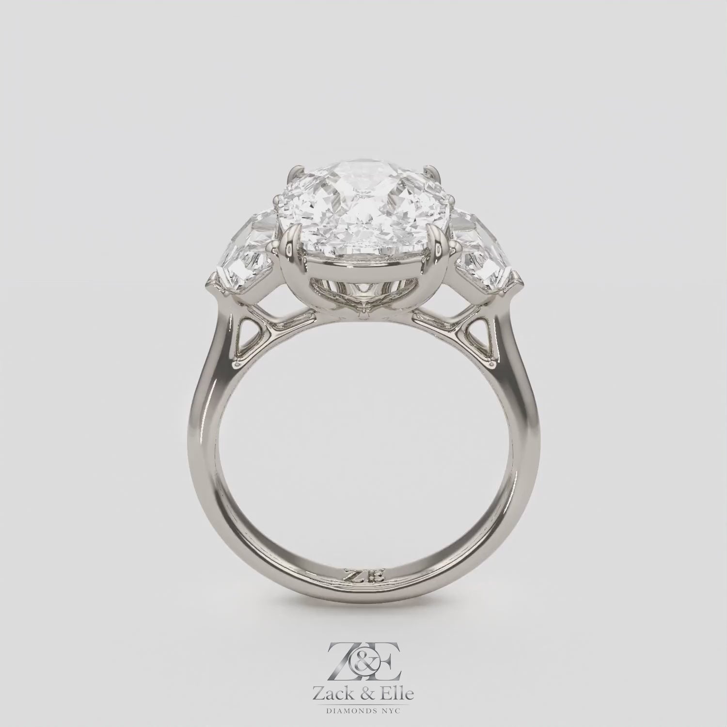 7.00 Ct F VS1 Cushion 3 Stone Ring With Brilliant Cut Trapezoid Accents, in white gold, 360 spin
