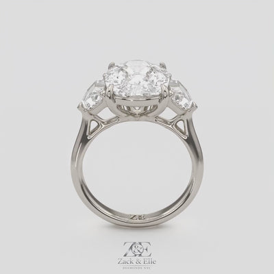 7.00 Ct F VS1 Cushion 3 Stone Ring With Brilliant Cut Trapezoid Accents, in white gold, 360 spin