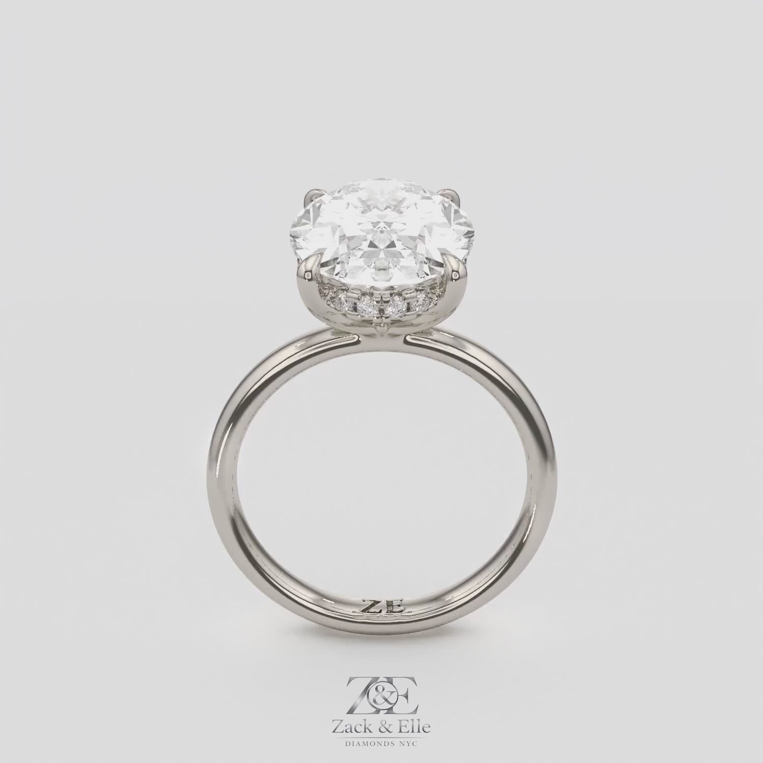 5.15 Ct E VS1 Oval Lab Grown Diamond Halo Ring, in white gold, 360 spin