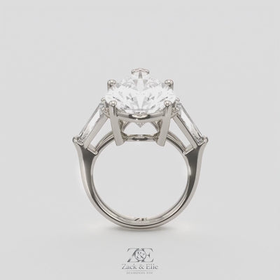 11.50 Ct F Color VS1 Pear Shape Diamond Three Stone Ring With Tapered Baguettes, in white gold, 360 spin