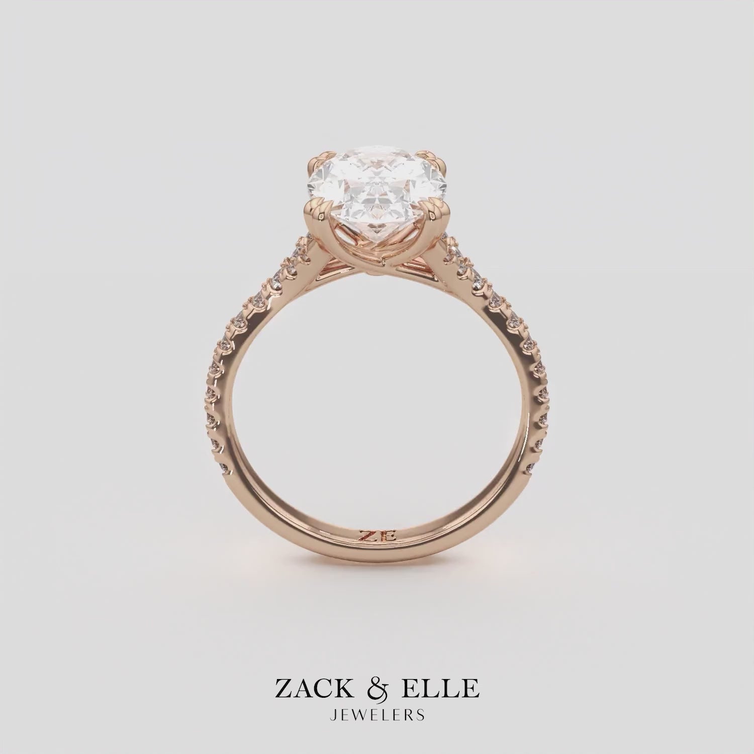 3.40 Ct E VS1 Oval Lab Diamond Side Stone Engagement Ring, in white gold, 360 spin
