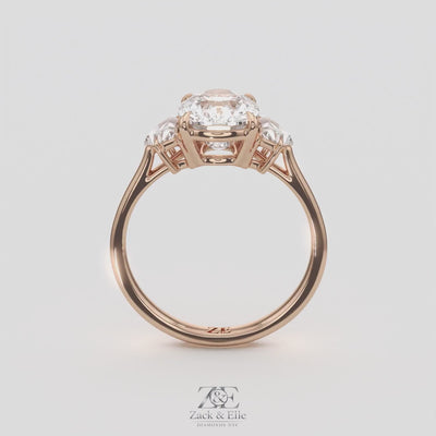 3.50 Ct E VS1 Cushion Lab Grown Diamond Three Stone Ring, in rose gold, 360 spin