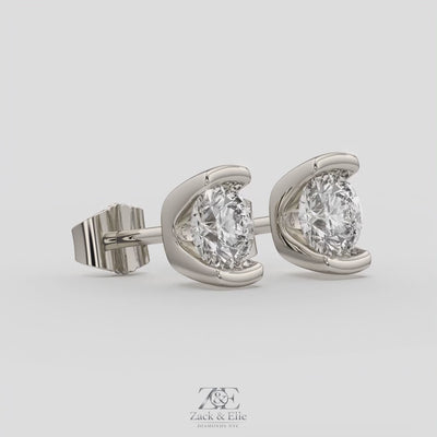2.00 Ct D VS1 Round Semi Bezel Diamond Studs, in white gold, 360 spin