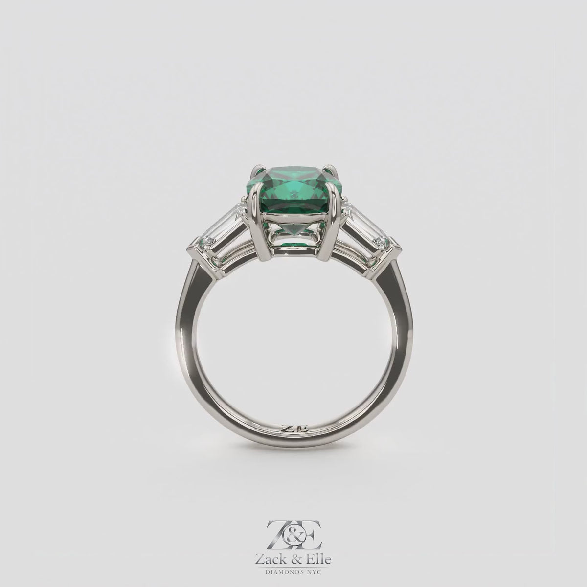3.10 Ct Cushion Cut Green Emerald and Diamond Ring, in white gold, 360 spin