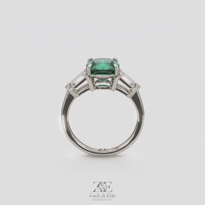 3.10 Ct Cushion Cut Green Emerald and Diamond Ring, in white gold, 360 spin