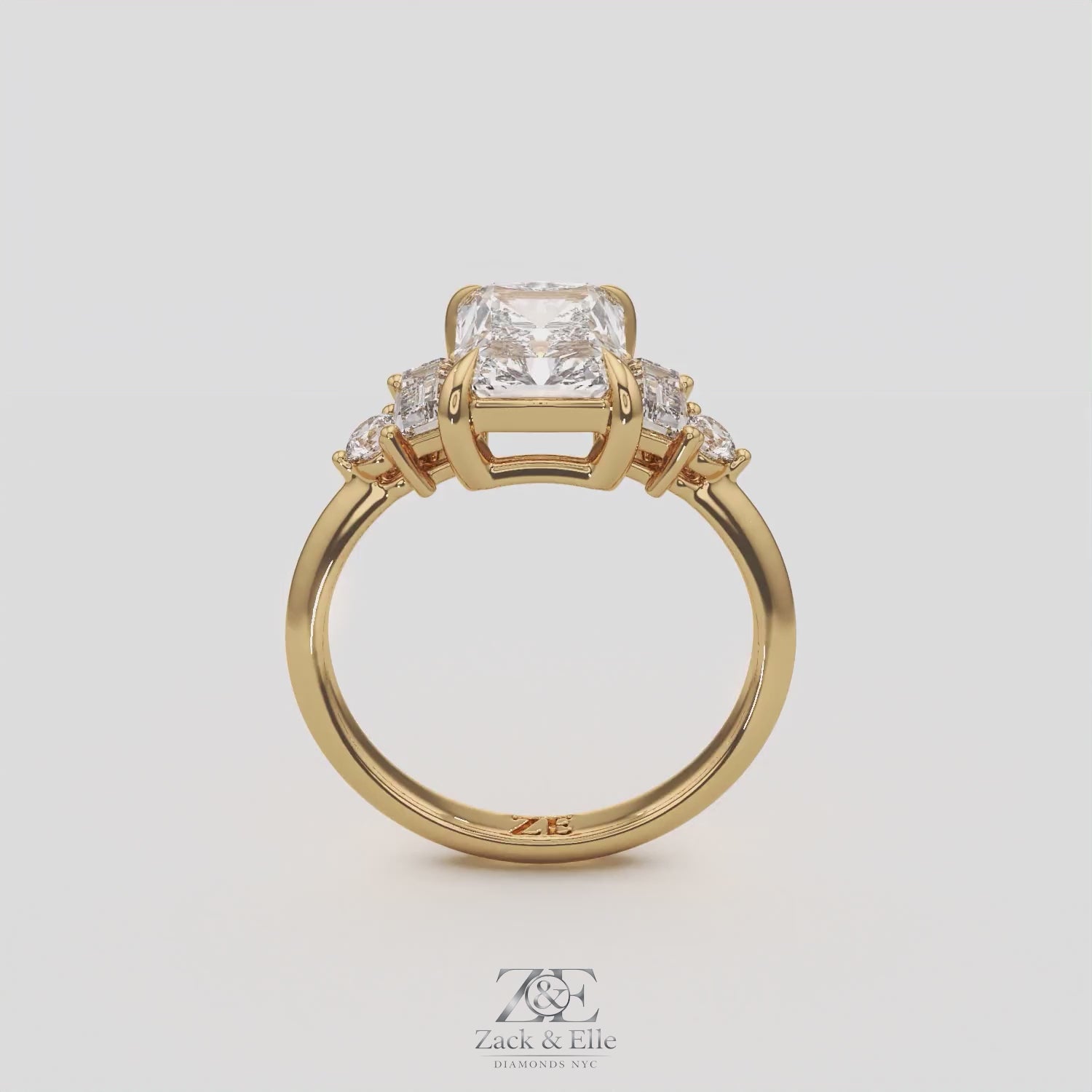 2.60 Ct E Color VS1 Radiant Diamond Ring With Baguette and Round Accents, in white gold, 360 spin