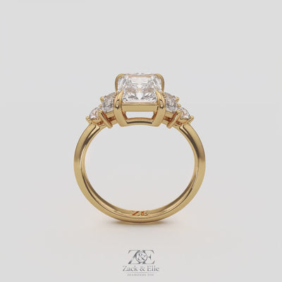2.60 Ct E Color VS1 Radiant Diamond Ring With Baguette and Round Accents, in white gold, 360 spin