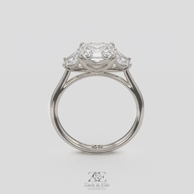 2.50 Ct D VS1 Asscher Cut Three Stone Ring With Step Cut Trapezoid Accents, in white gold, 360 spin