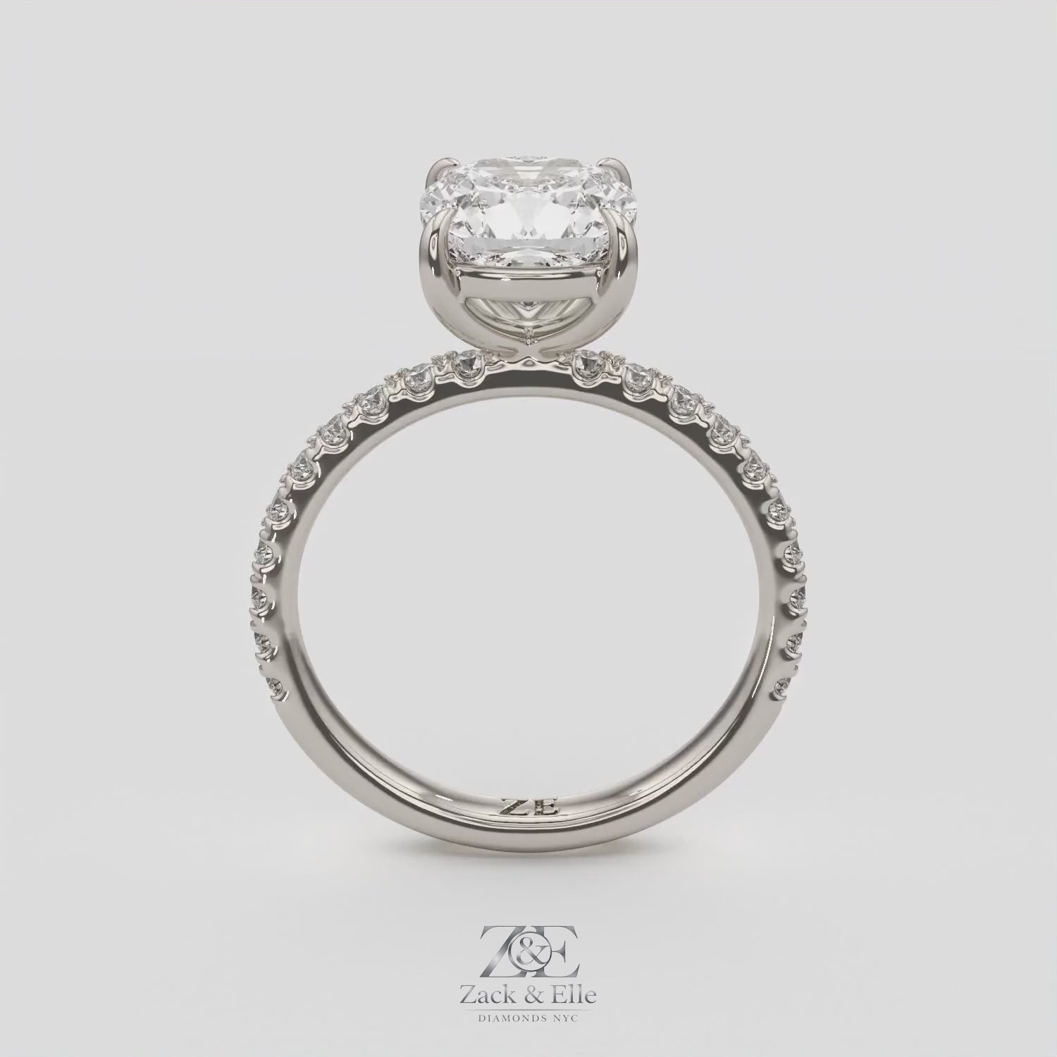 2.35 Ct E Color VS1 Cushion Diamond Pavé Ring, in white gold, 360 spin