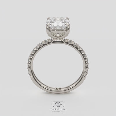 2.35 Ct E Color VS1 Cushion Diamond Pavé Ring, in white gold, 360 spin