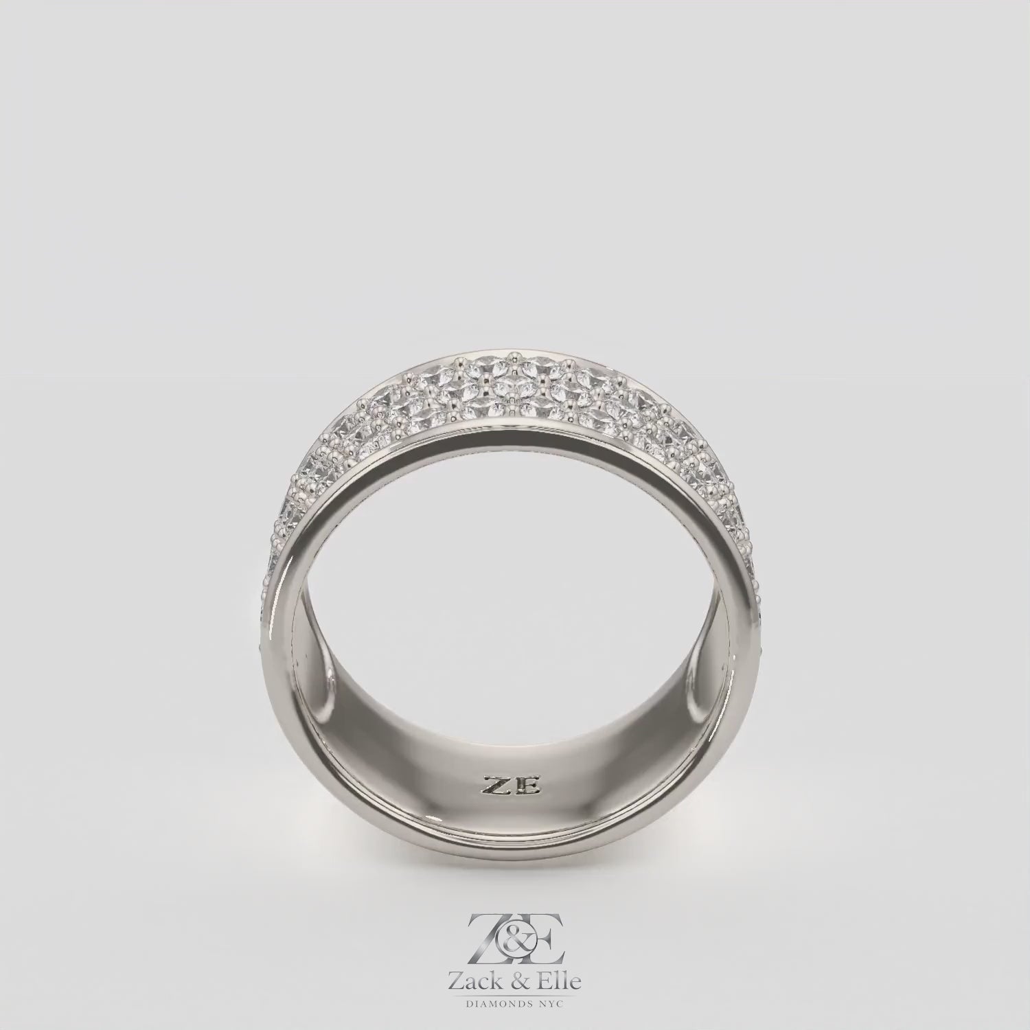 1.50 Ct D VS1 Round Lab Grown Diamond 3 Row Pavé Band, in white gold, 360 spin