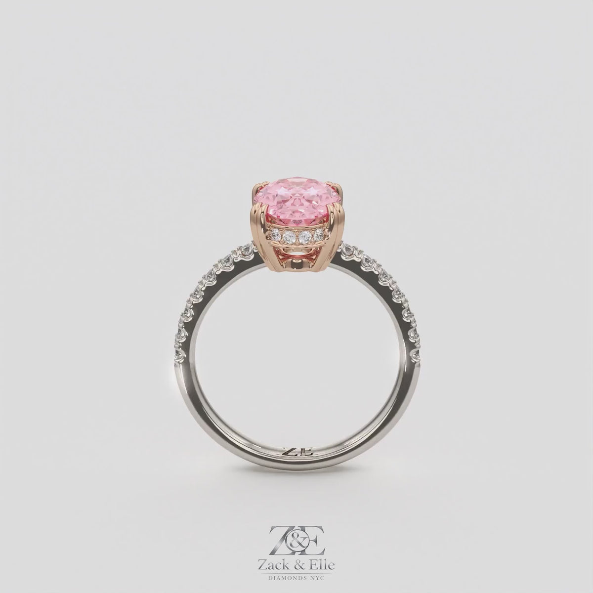2.25 Ct Oval Pink Sapphire Hidden Halo Diamond Ring, in white gold, 360 spin