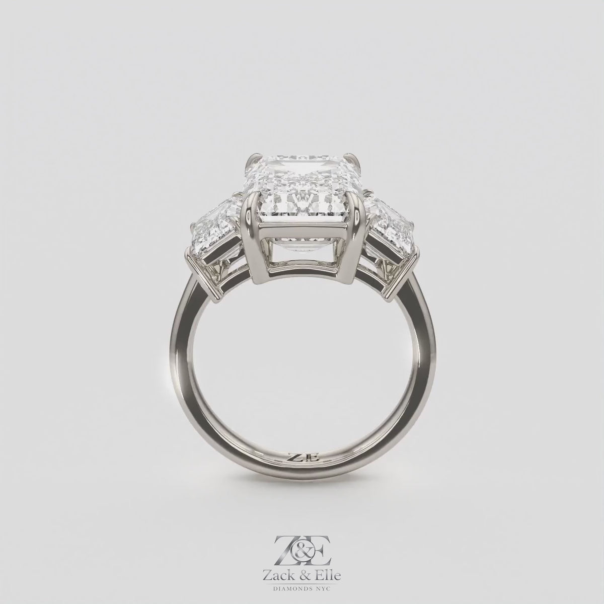 8.00 Ct E VS1 Emerald Cut Lab Grown Diamond Three Stone Ring, in white gold, 360 spin