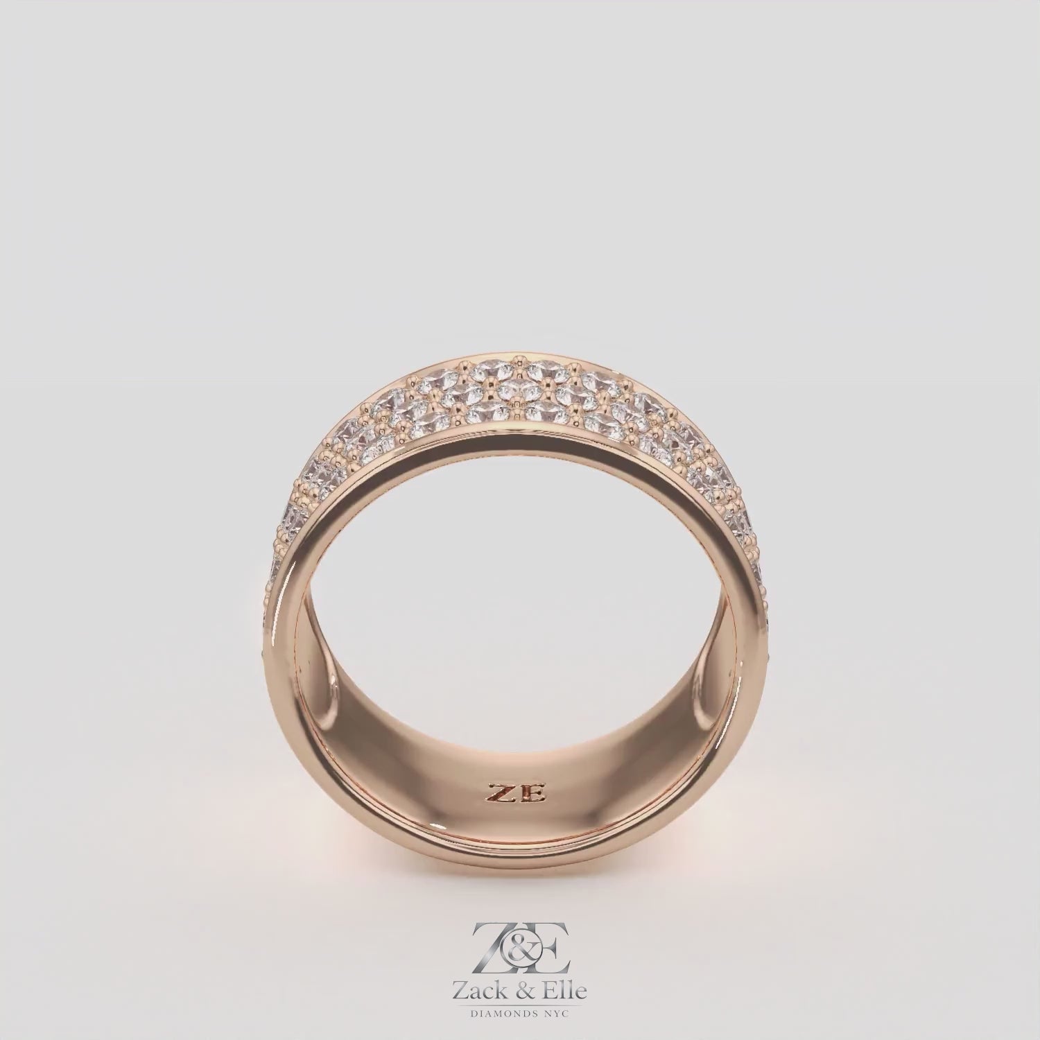 1.50 Ct D VS1 Round Lab Grown Diamond 3 Row Pavé Band, in white gold, 360 spin