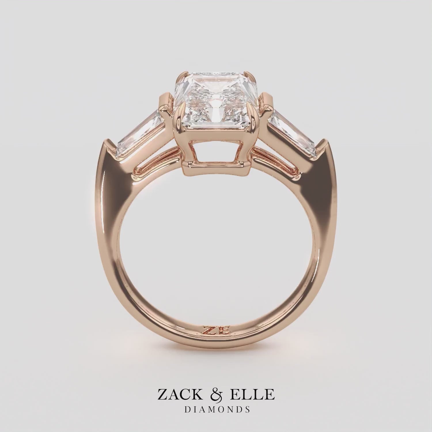 3.50 Ct Radiant Cut D VS1 Diamond Three Stone Ring With Tapered Baguettes, in white gold, 360 spin