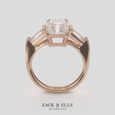 3.50 Ct Radiant Cut D VS1 Diamond Three Stone Ring With Tapered Baguettes, in white gold, 360 spin