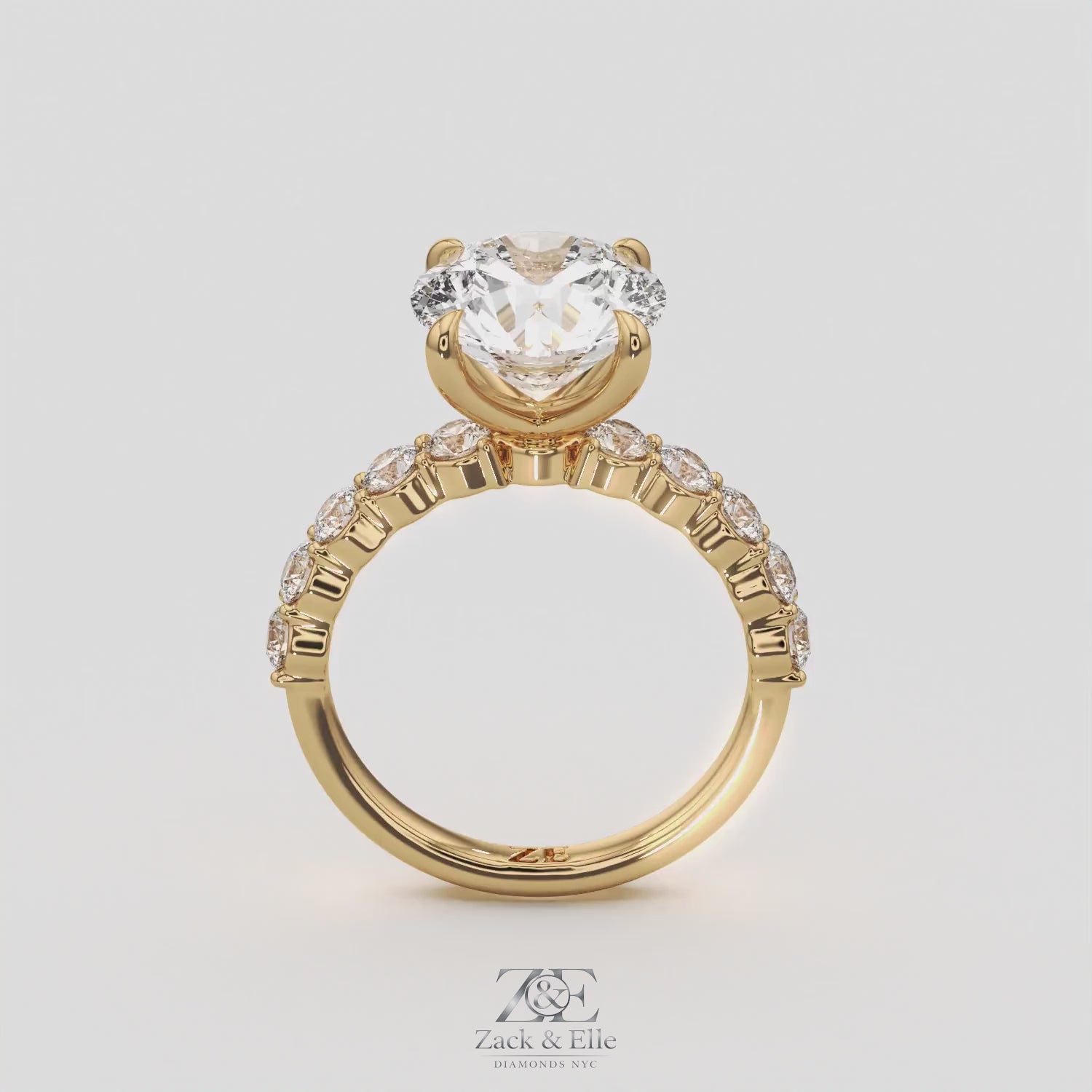 4.80 Ct E VS1 Round Lab Grown Diamond Side Stone Engagement Ring, in white gold, 360 spin