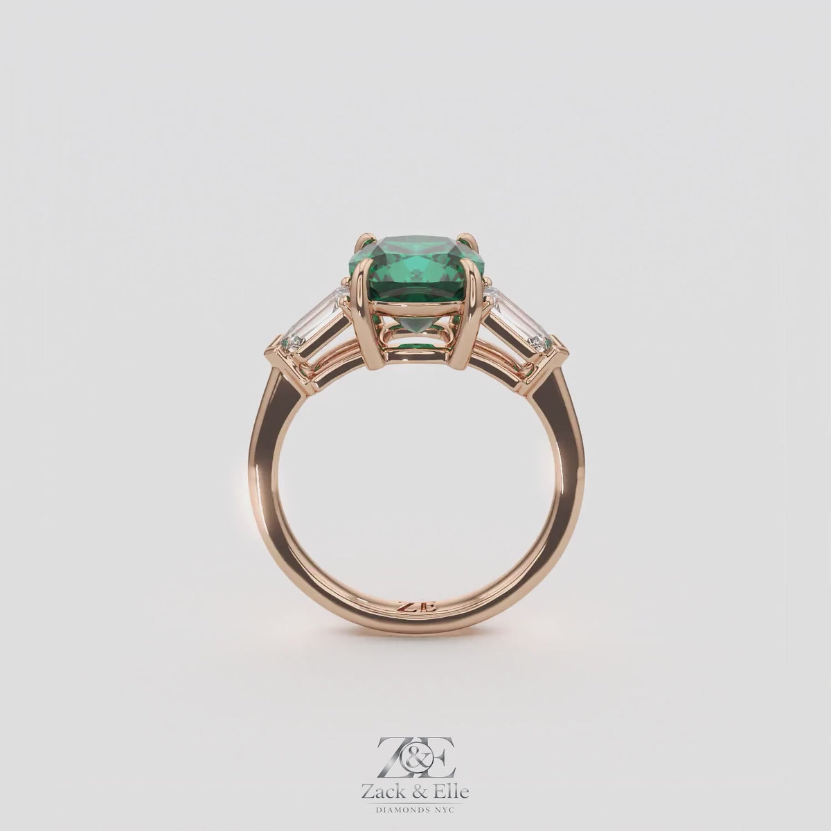 3.10 Ct Cushion Cut Green Emerald and Diamond Ring, in rose gold, 360 spin