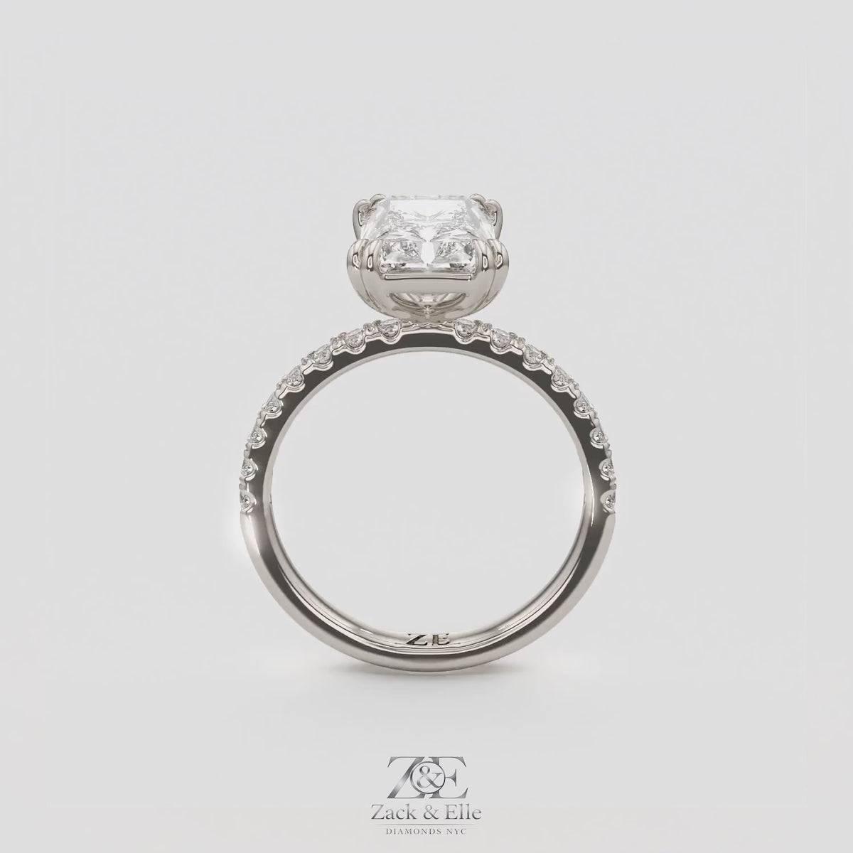 3.30 Ct D VS1 Radiant Lab-Grown Diamond Ring with Round Accents, in white gold, 360 spin