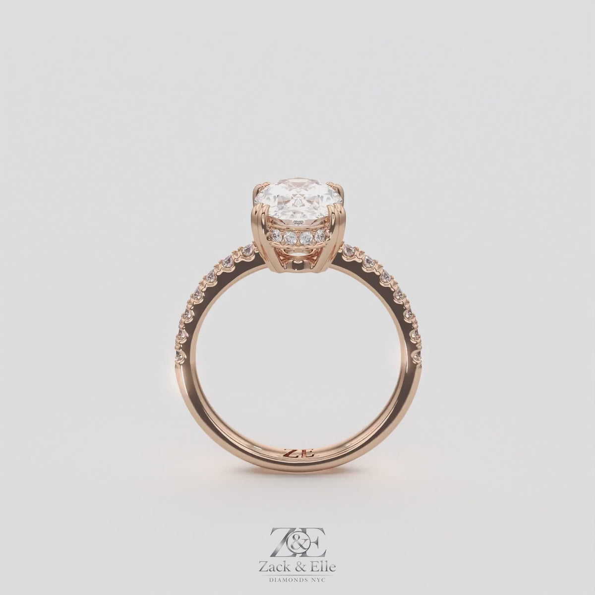 1.75 Ct D VS1 Oval Lab Grown Diamond Hidden Halo Engagement Ring, in rose gold, 360 spin