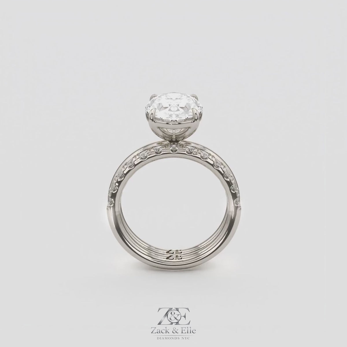 3.50 Ct D VS1 Oval Lab-Grown Diamond Solitaire with Diamond Band, in white gold, 360 spin