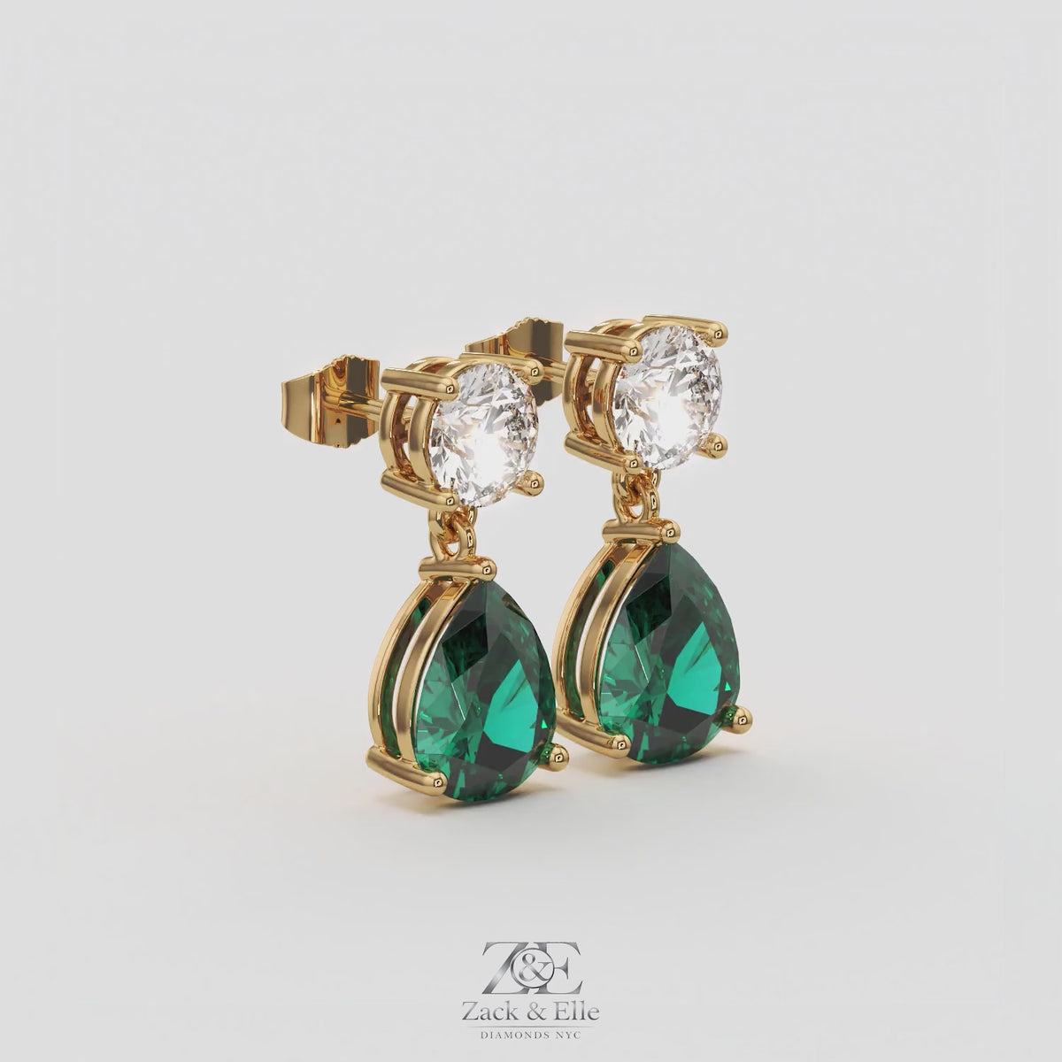6.00 Ct Pear Emerald Lab-Grown Diamond Drop Earrings, in yellow gold, 360 spin