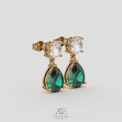 6.00 Ct Pear Emerald Lab-Grown Diamond Drop Earrings, in yellow gold, 360 spin
