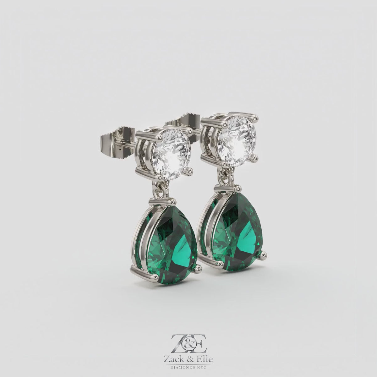 6.00 Ct Pear Emerald Lab-Grown Diamond Drop Earrings, in white gold, 360 spin