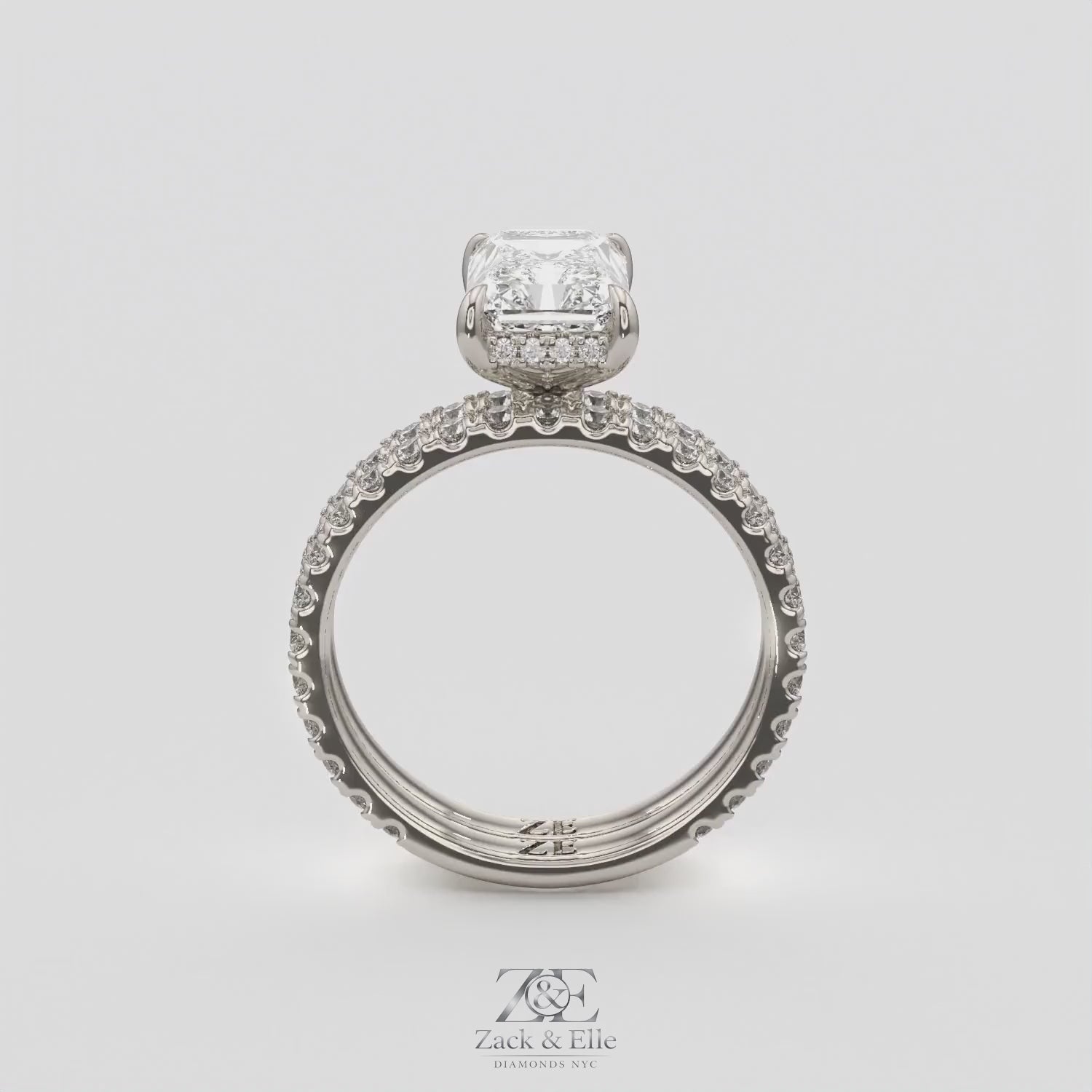 3.00 Ct E VS1 Radiant Diamond Halo Engagement Ring with Matching Band, in white gold, 360 spin