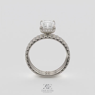 3.00 Ct E VS1 Radiant Diamond Halo Engagement Ring with Matching Band, in white gold, 360 spin