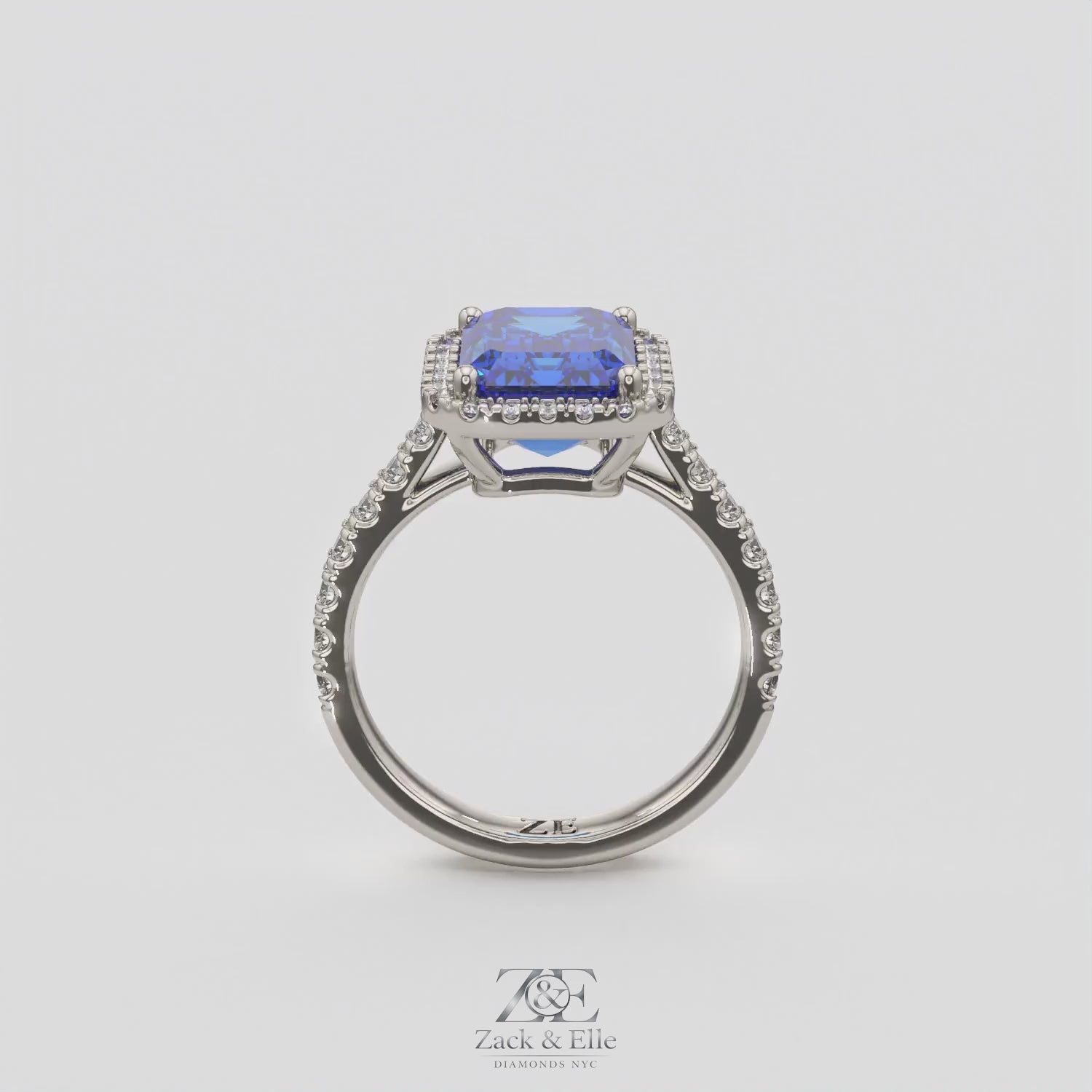 3.50 Ct Emerald Cut Blue Sapphire and Diamond Ring, in white gold, 360 spin