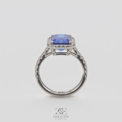 3.50 Ct Emerald Cut Blue Sapphire and Diamond Ring, in white gold, 360 spin