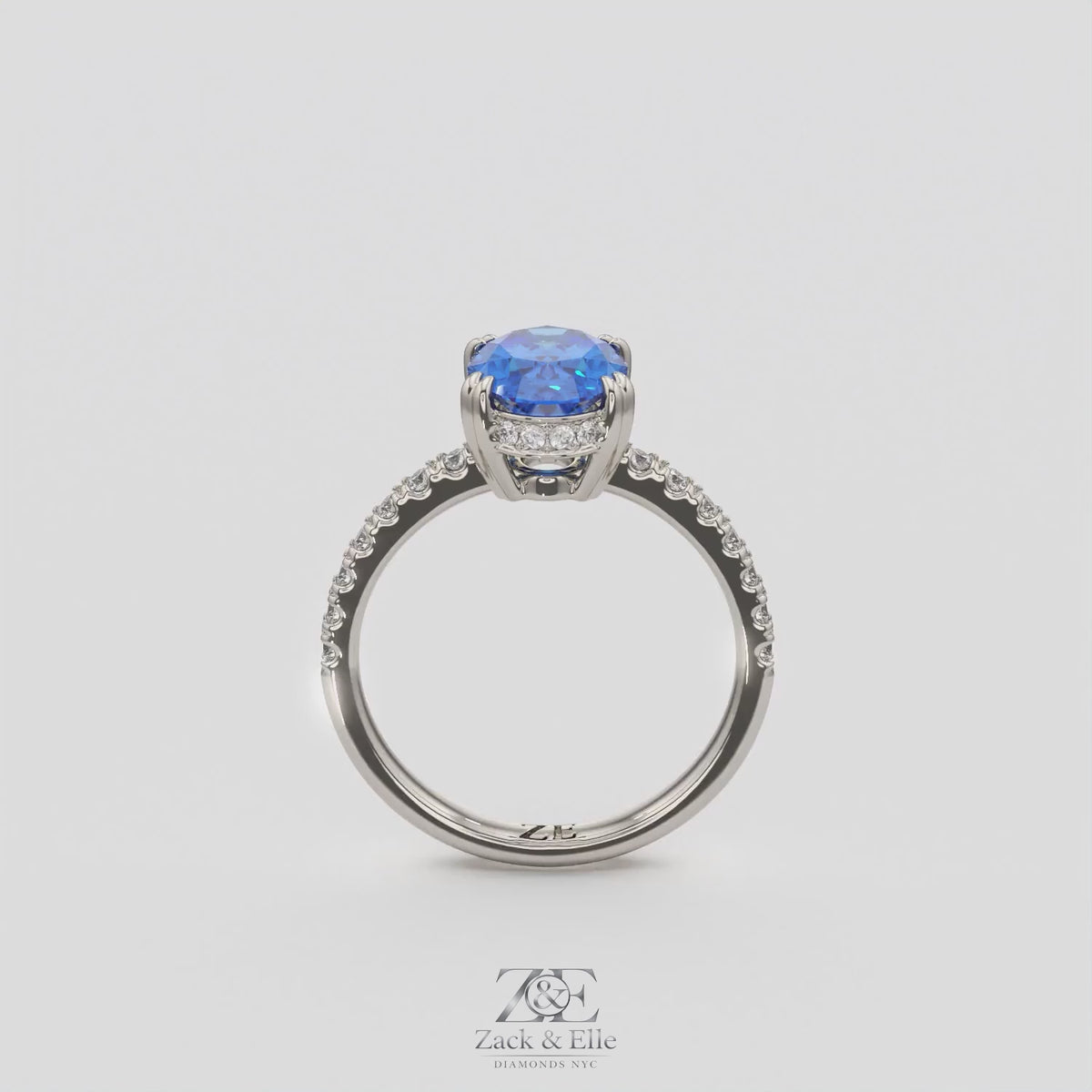 2.25 Ct Oval Blue Sapphire Hidden Halo Diamond Ring, in white gold, 360 spin