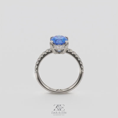 2.25 Ct Oval Blue Sapphire Hidden Halo Diamond Ring, in white gold, 360 spin