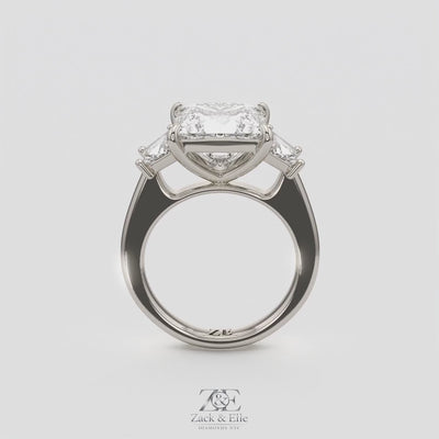 4.60 Ct E VS1 Princess Cut Lab-Grown Diamond Three Stone Ring with Trapezoid Accents, in white gold, 360 spin