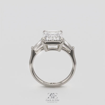 5.60 Ct E VS1 Emerald Cut Lab-Grown Diamond Three Stone Ring with Tapered Baguettes, in white gold, 360 spin