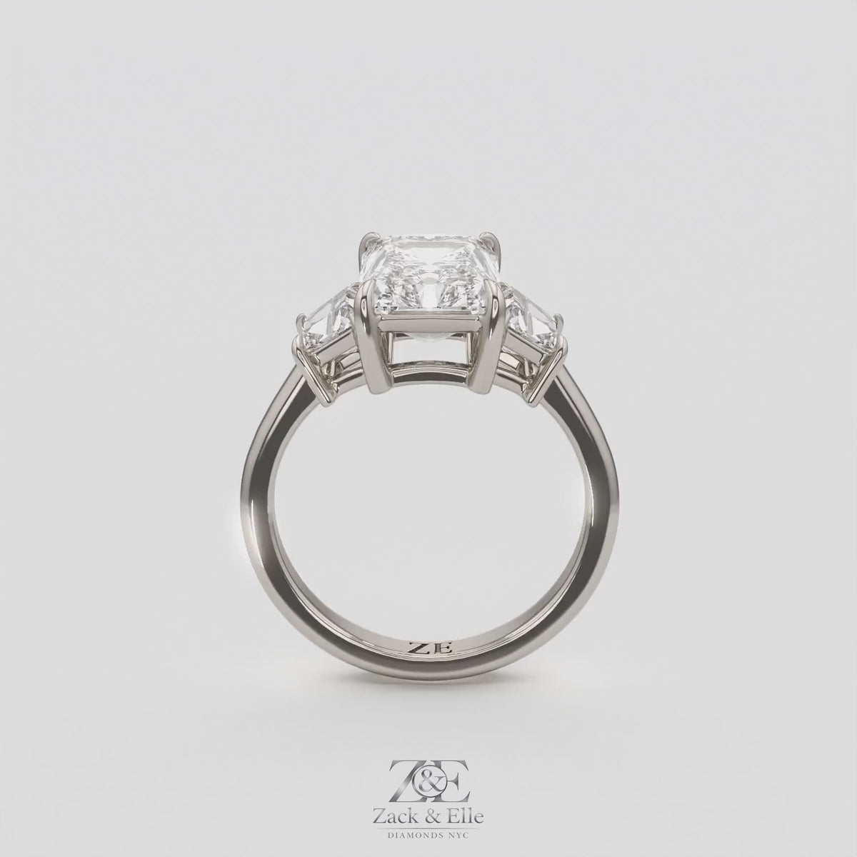 3.50 Ct D VS1 Radiant Cut Lab-Grown Diamond Three Stone Ring With Trapezoid Accents, in white gold, 360 spin