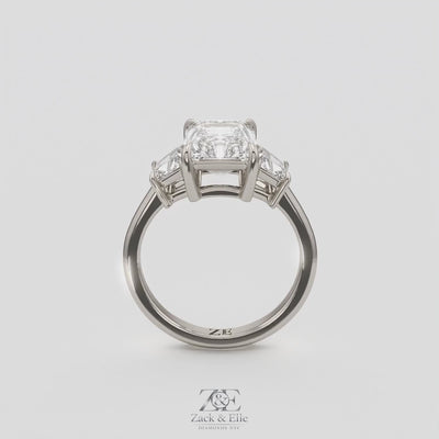 3.50 Ct D VS1 Radiant Cut Lab-Grown Diamond Three Stone Ring With Trapezoid Accents, in white gold, 360 spin