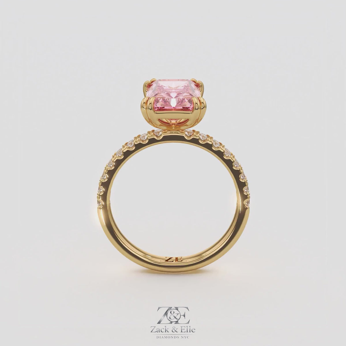 3.30 Ct Fancy Vivid Pink VS2 Radiant Lab-Grown Diamond Ring with Round Accents, in yellow gold, 360 spin
