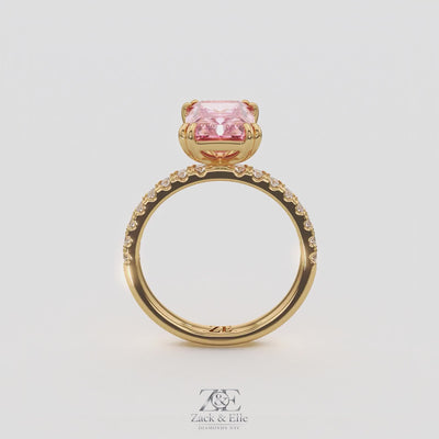 3.30 Ct Fancy Vivid Pink VS2 Radiant Lab-Grown Diamond Ring with Round Accents, in yellow gold, 360 spin