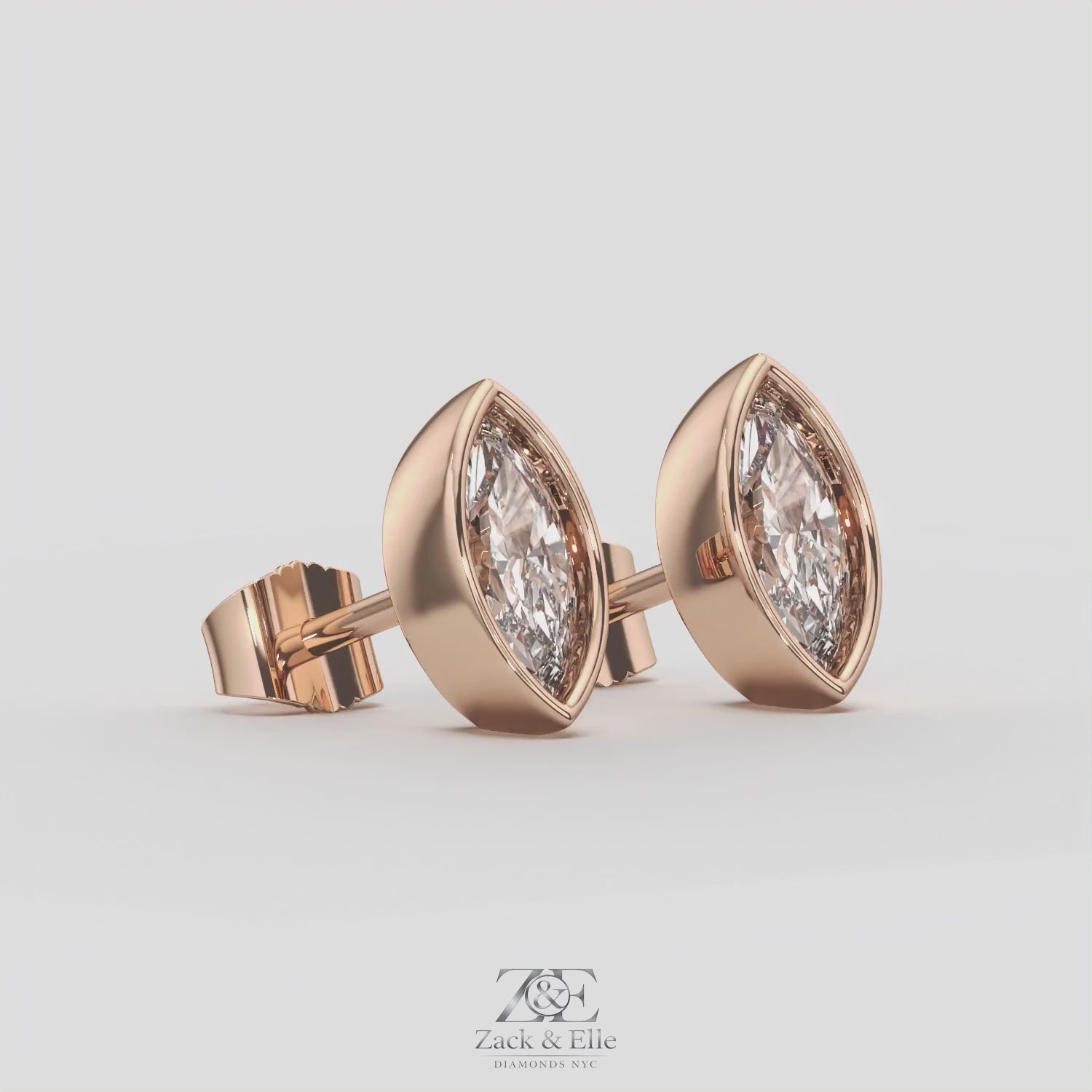 2.00 Ct E VS1 Marquise Full Bezel Diamond Studs, in rose gold, 360 spin