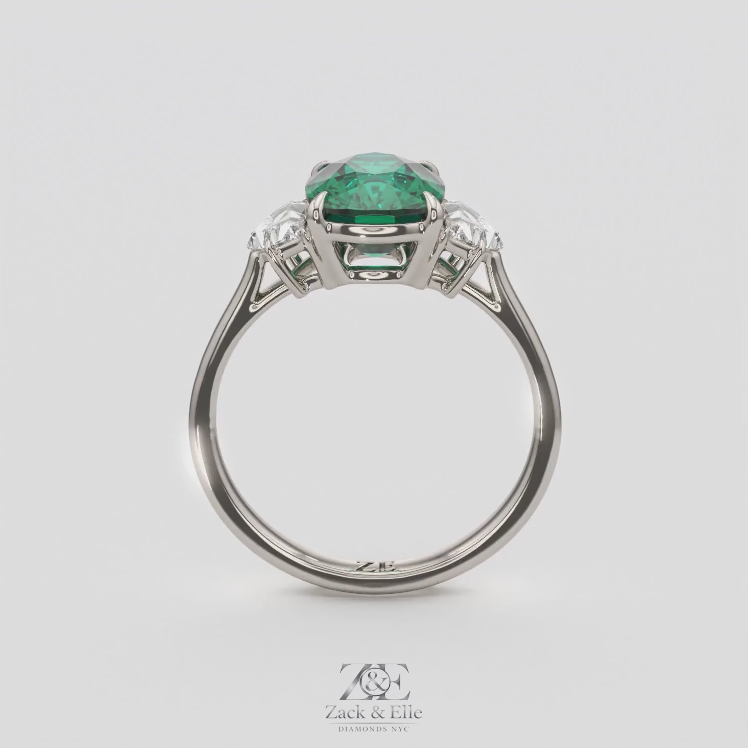 4.00 Ct Cushion Green Emerald and Diamond Three Stone Ring, in white gold, 360 spin