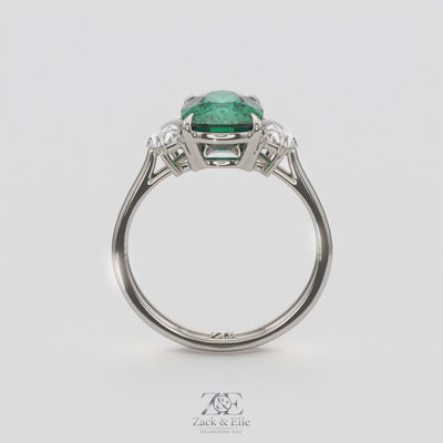 4.00 Ct Cushion Green Emerald and Diamond Three Stone Ring, in white gold, 360 spin