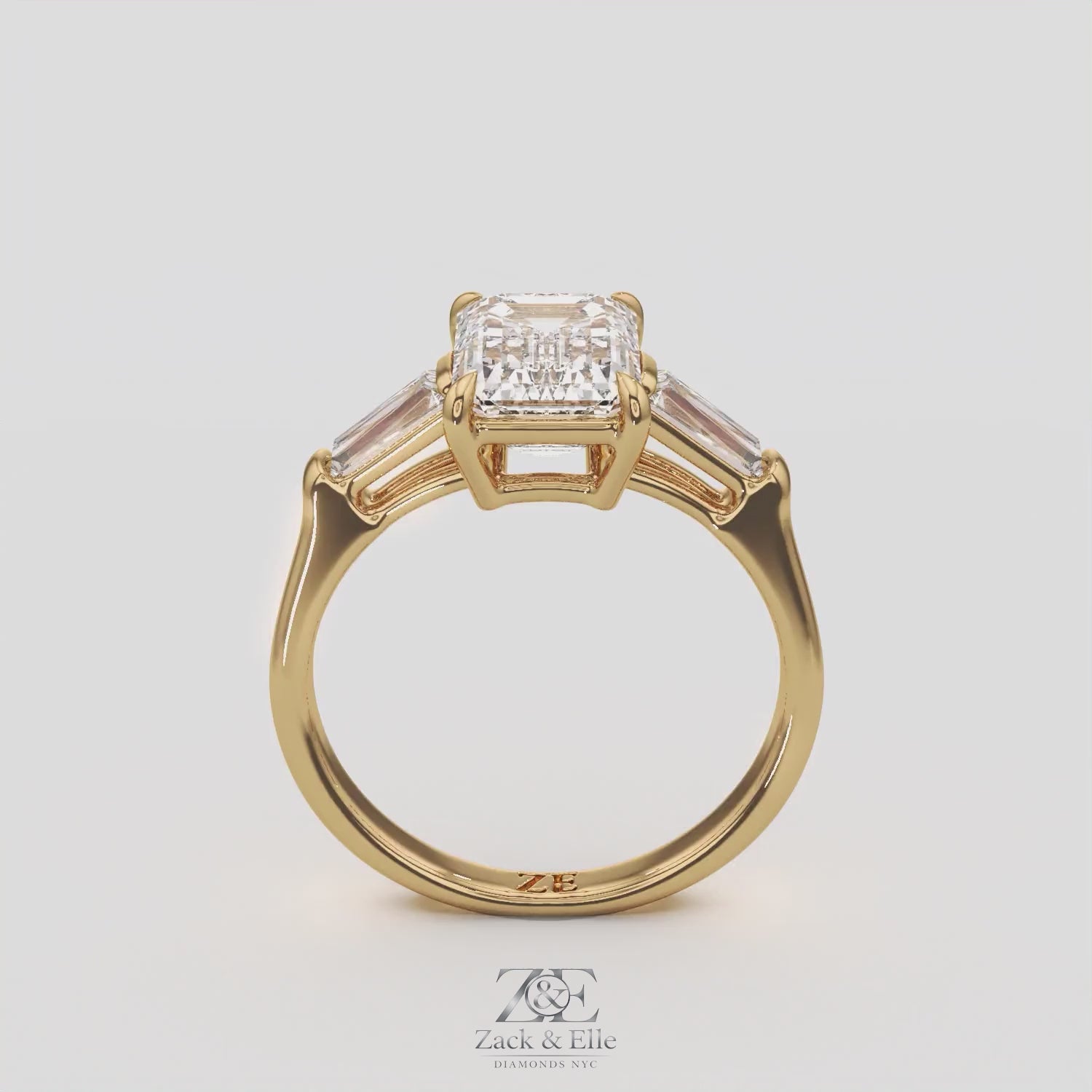 3.50 Ct D Color VS1 Emerald Cut Three Stone Diamond Ring With Tapered Baguettes, in white gold, 360 spin