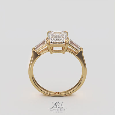 3.50 Ct D Color VS1 Emerald Cut Three Stone Diamond Ring With Tapered Baguettes, in white gold, 360 spin