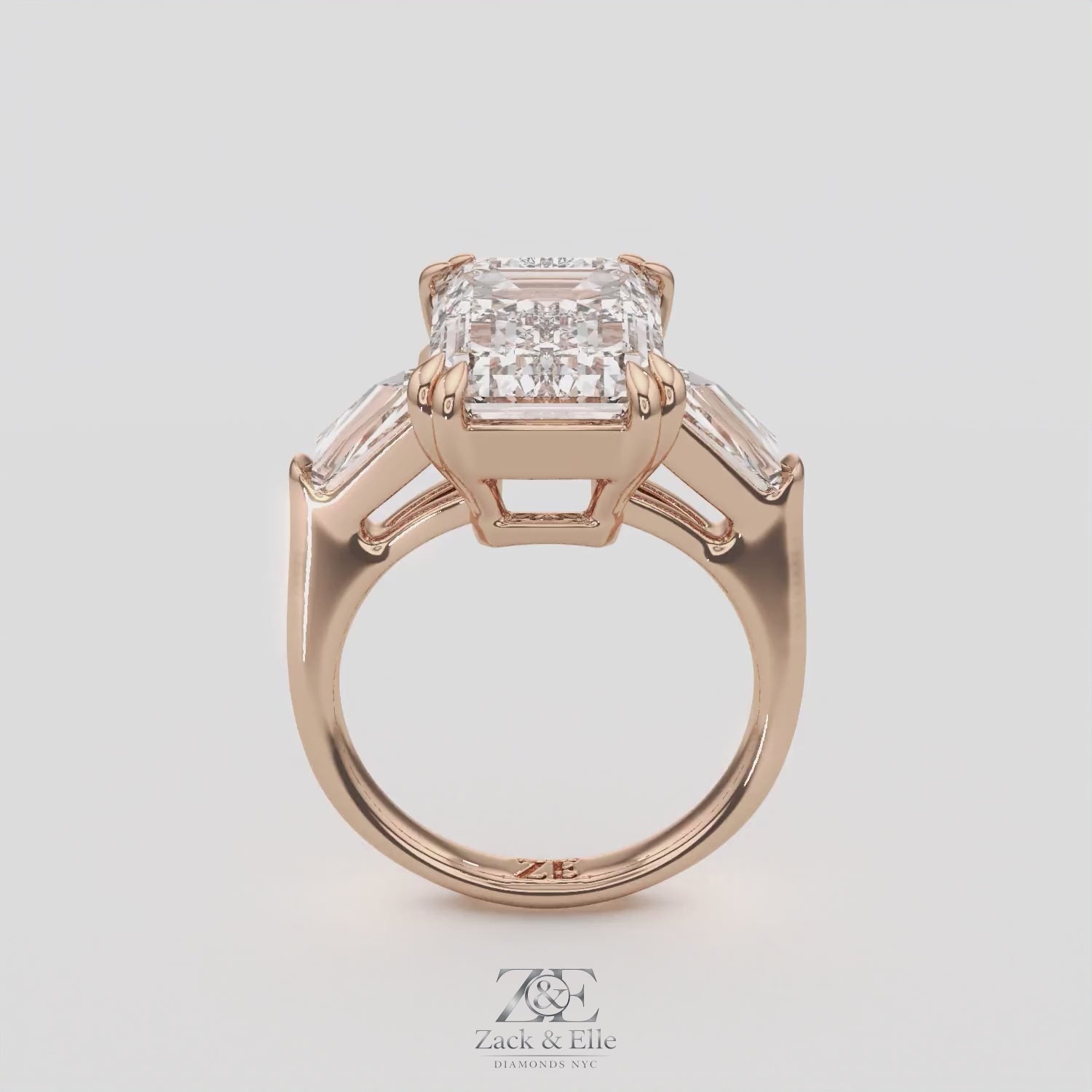 6.70 Ct F VS1 Emerald Cut Three Stone Diamond Ring With Tapered Baguettes, in white gold, 360 spin
