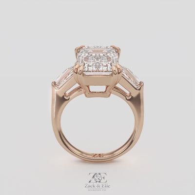 6.70 Ct F VS1 Emerald Cut Three Stone Diamond Ring With Tapered Baguettes, in white gold, 360 spin