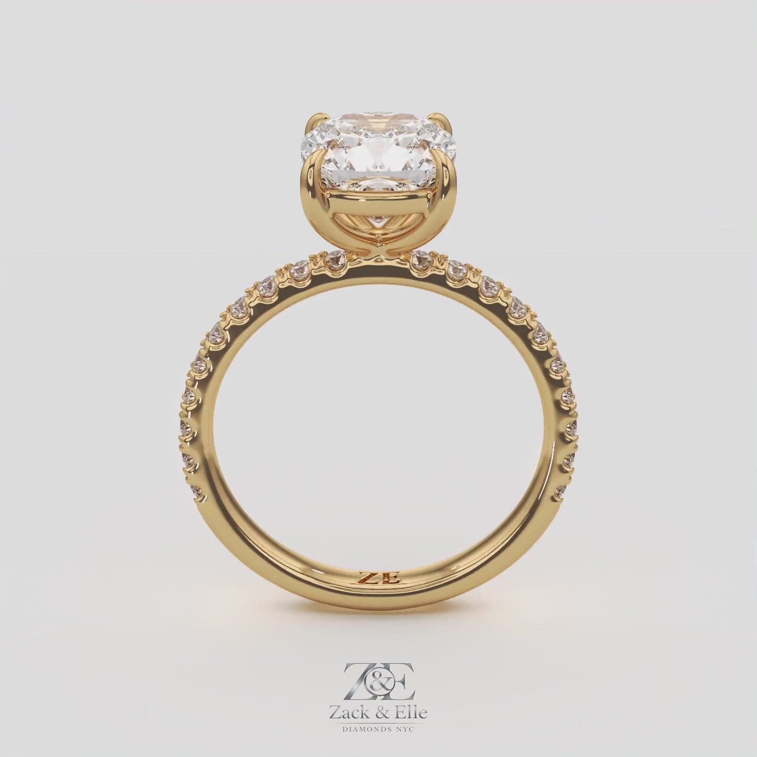 2.35 Ct E Color VS1 Cushion Diamond Pavé Ring, in white gold, 360 spin