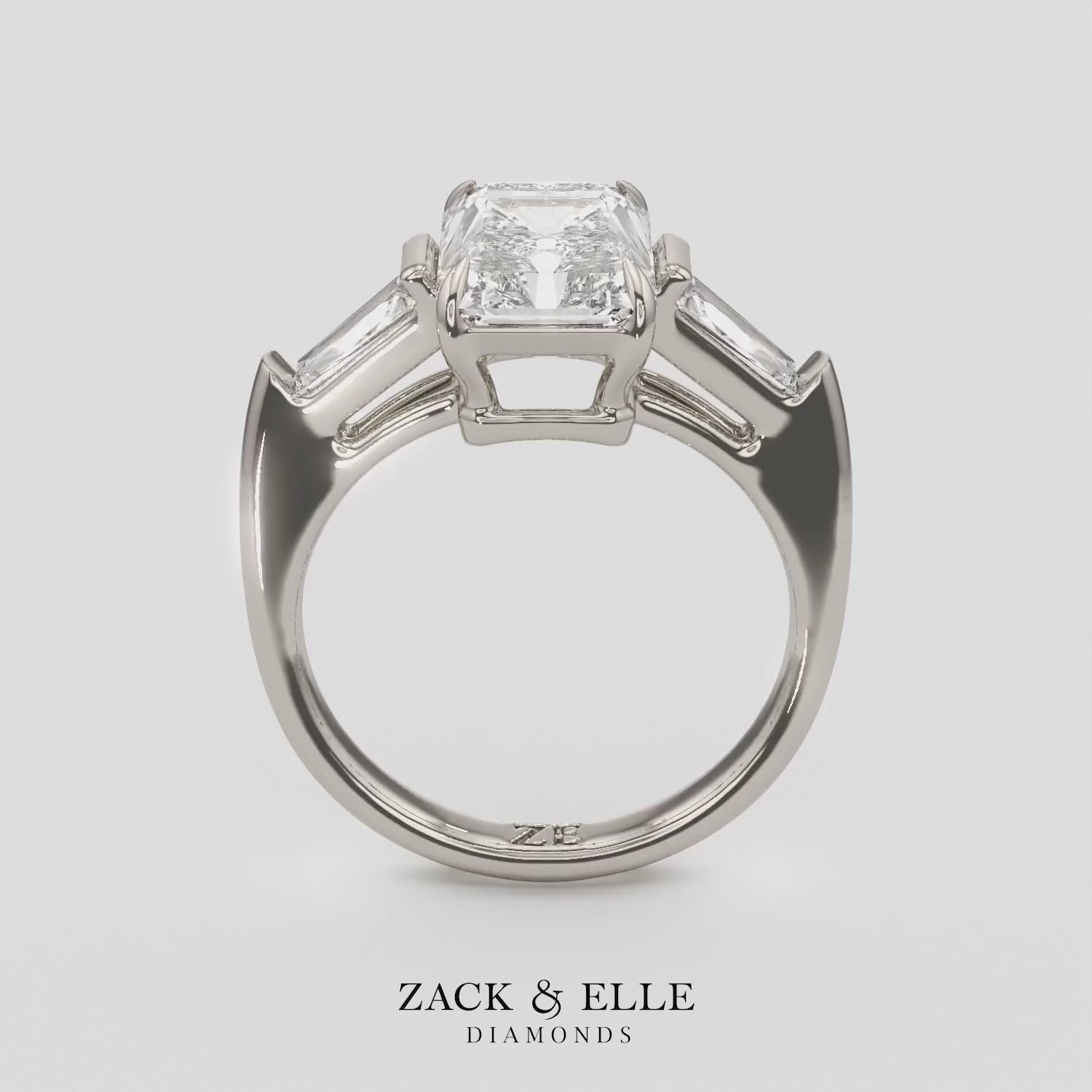 3.50 Ct Radiant Cut D VS1 Diamond Three Stone Ring With Tapered Baguettes, in white gold, 360 spin